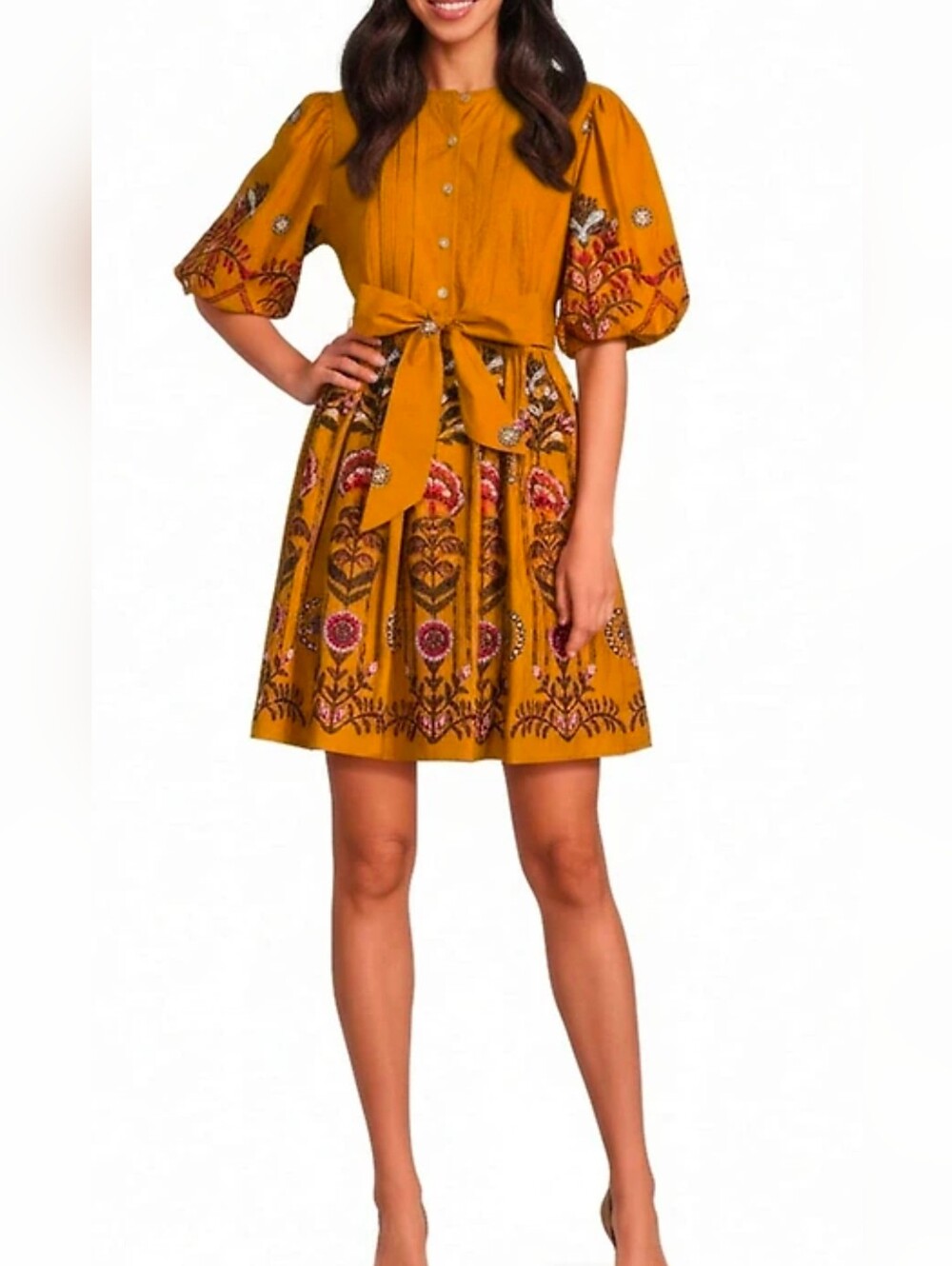A Loves AMustard Floral Embroidered Tie-Waist Mini Dress